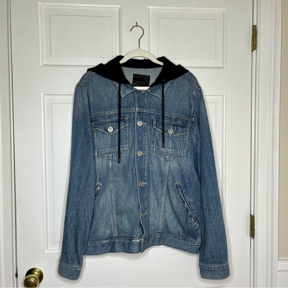 Paige Scout Mid-Wash Denim Jean Jacket with Black Drawstring Hoodie Size XL - Picture 3 of 6